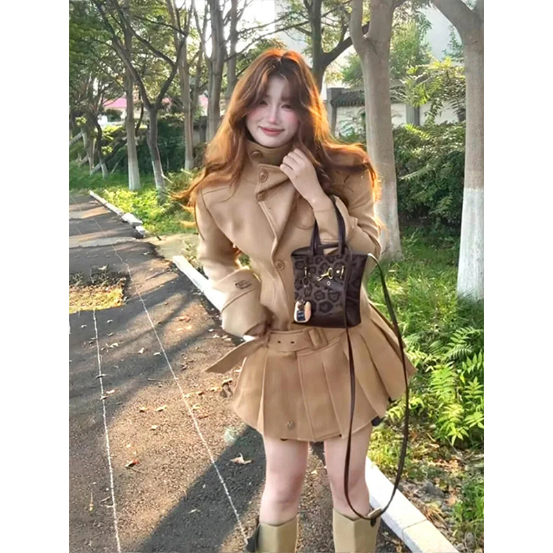 韩系高级感双排扣立领大衣连衣裙女秋冬新款气质系带收腰百褶短裙