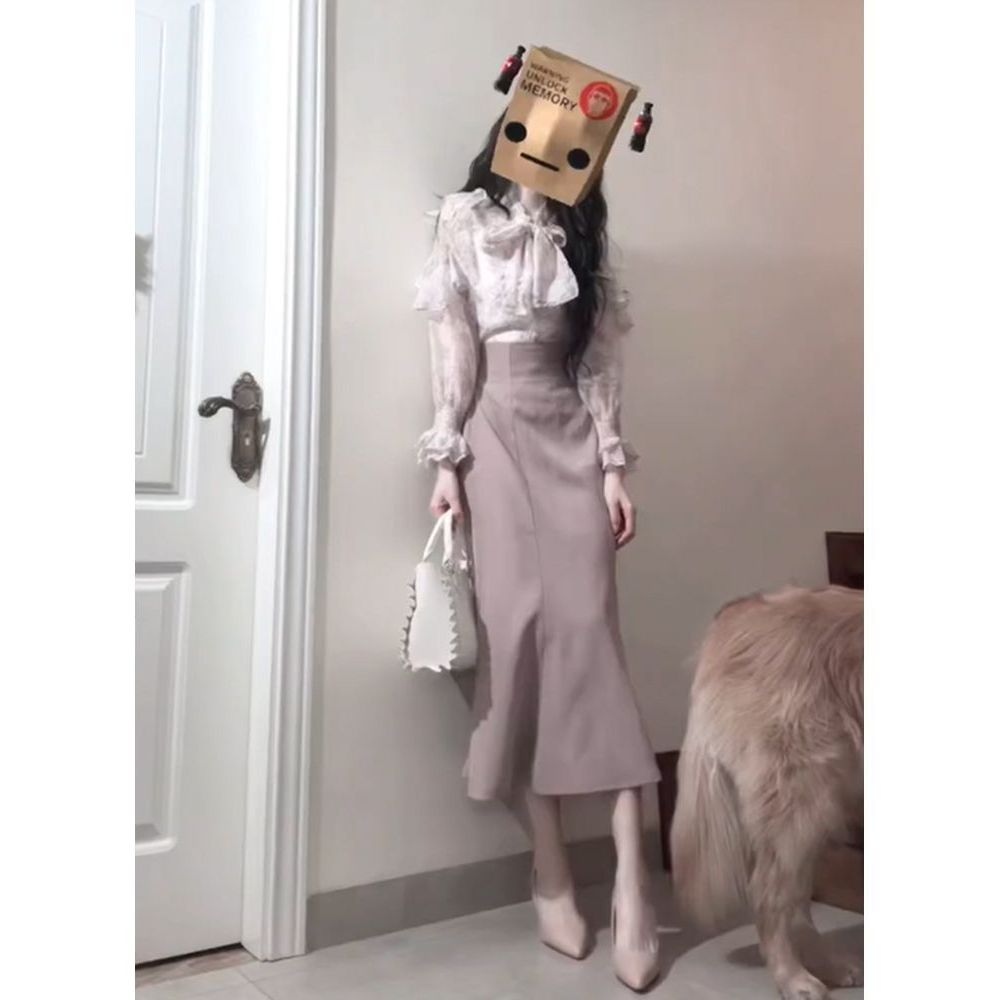 清楚系温柔甜美大蝴蝶结长袖衬衫上衣+温柔高腰气质鱼尾裙两件套