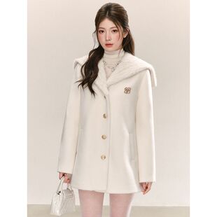 千金感海军领白色毛呢外套秋冬保暖A字系带收腰中长款甜美大衣女~