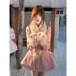 【蜜桃初雪】小个子千金氛围感毛领毛呢大衣收腰A字摆甜美外套裙