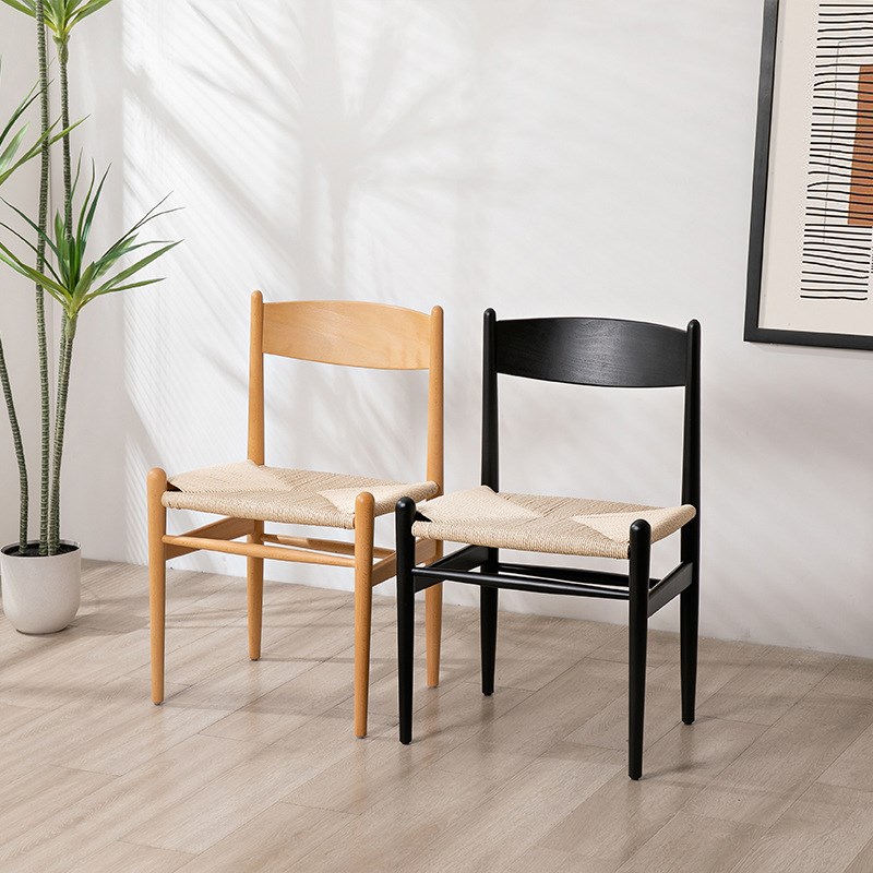 复古风绳编实木餐椅侘寂风设计师中古靠背椅子家用简约书房编织椅