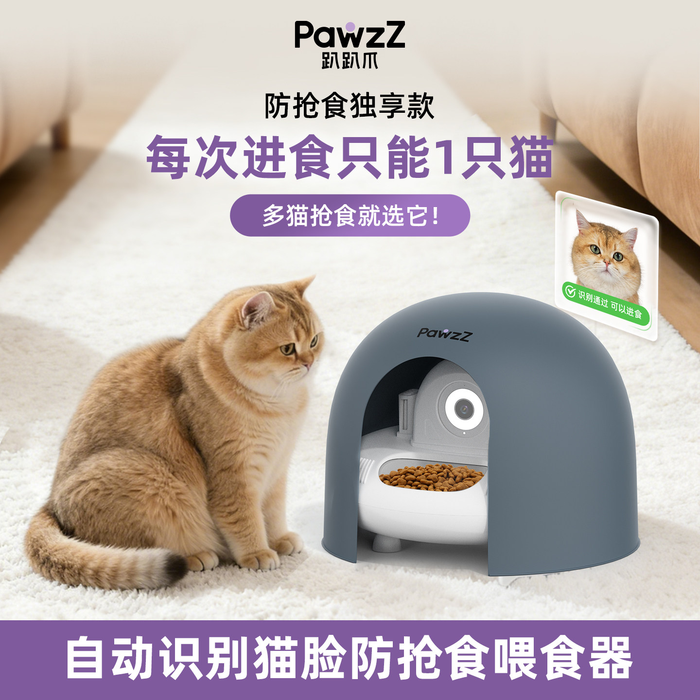 趴趴爪猫脸识别喂食器自动防抢食猫咪猫粮机多猫分开喂养带防抢罩