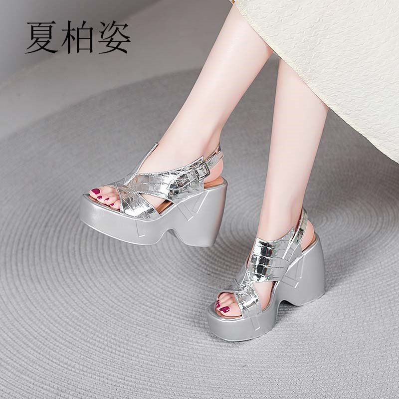 夏季新款11cm内增高q女鞋鱼嘴镂空时尚坡跟凉鞋银色时尚百搭单跟