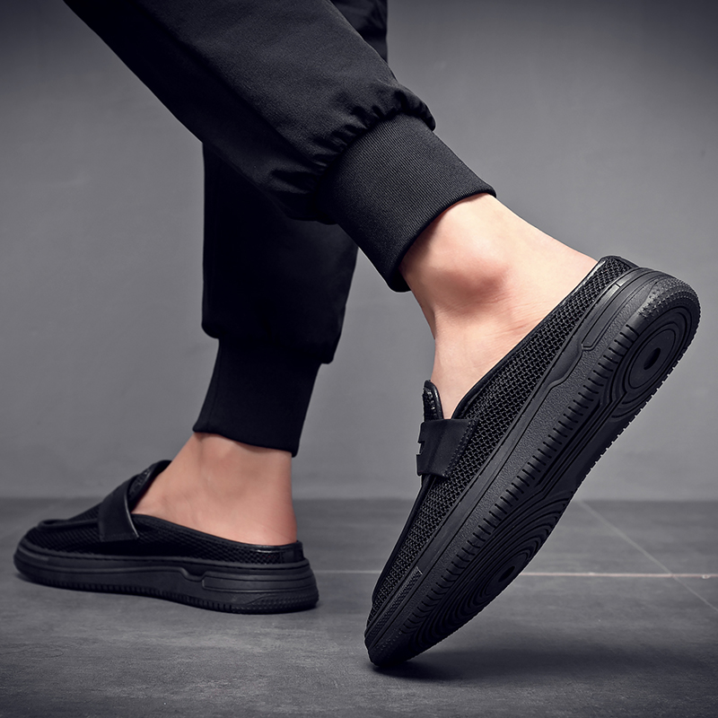 夏季透气网孔办公室包头男拖时尚外穿无跟半托一脚V蹬懒人拖鞋男