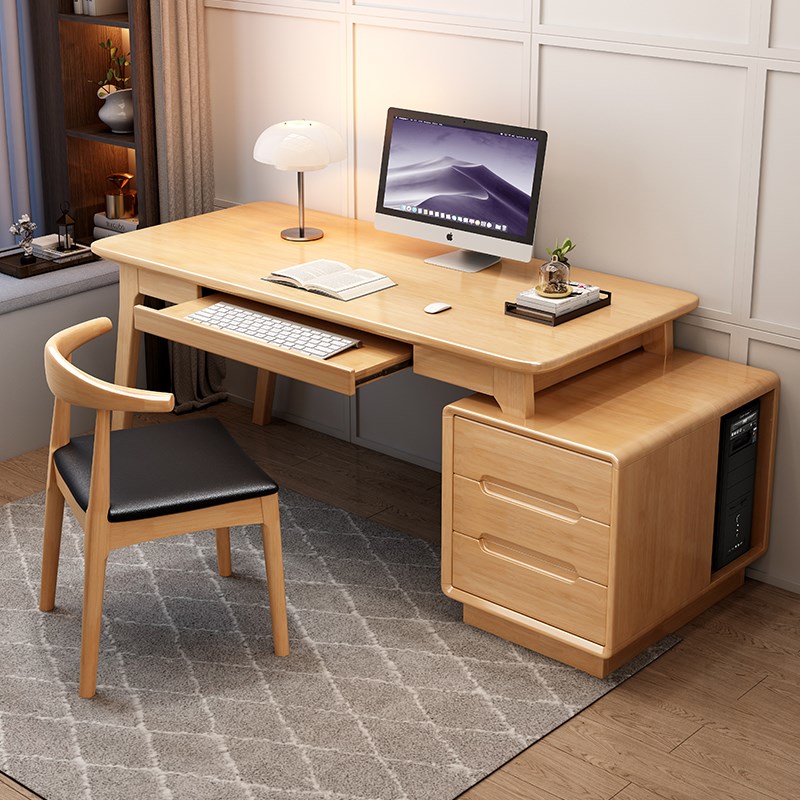 实木书柜一体书桌简约现代可伸缩台式电脑桌家用办公桌卧室写字桌