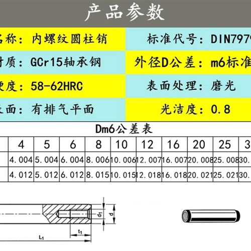 25*50/60/70/80/90/100德标DIN7979D内螺纹圆柱销公差m6硬度58~62