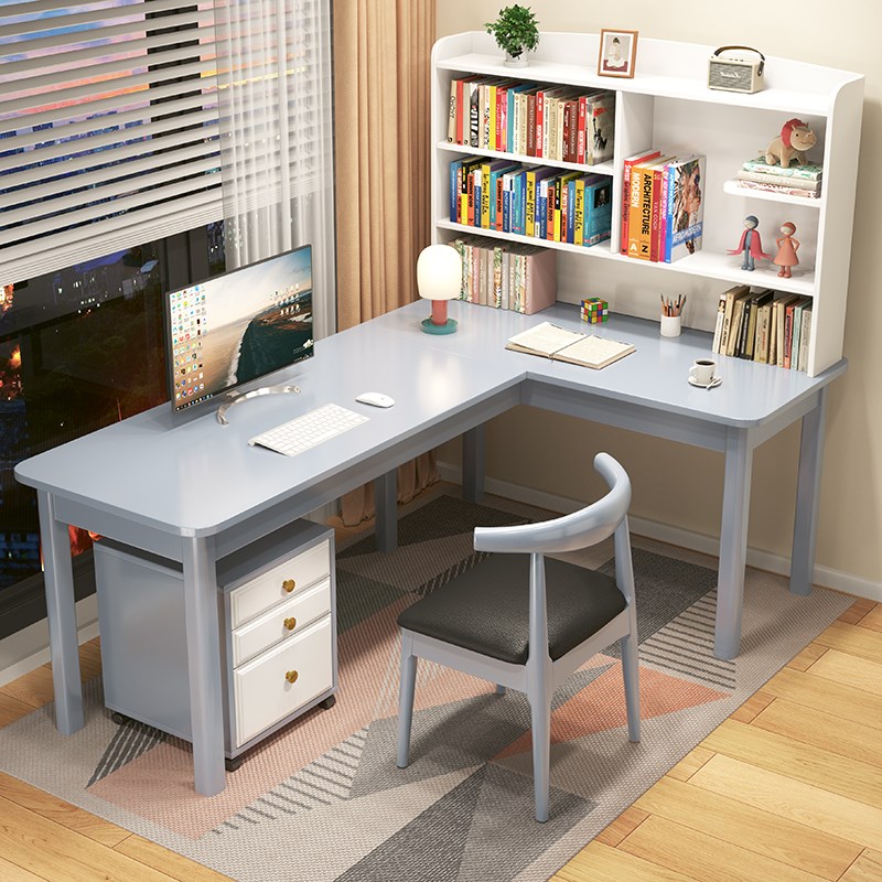 家用实木带书架组合办公桌L型加长书桌转角电脑桌拐角学生写字台