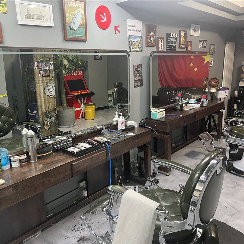 美发店实木镜台高端复古理发店镜台烫染镜子男士油头馆Barber镜台