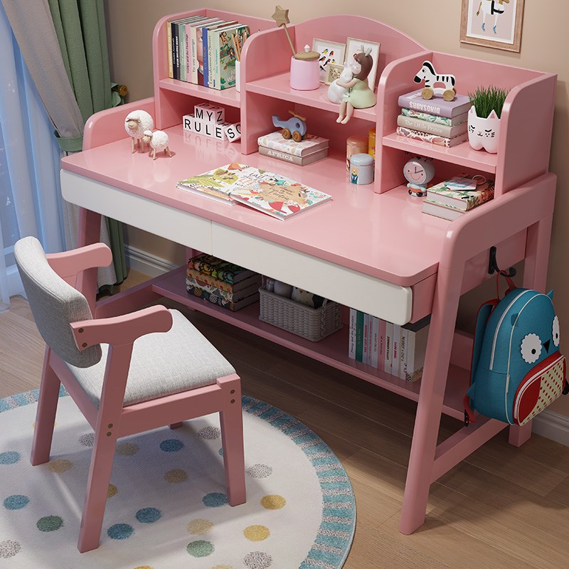 2023新款学习桌初中生家用实木书桌带书架一体卧室写字桌椅可升降