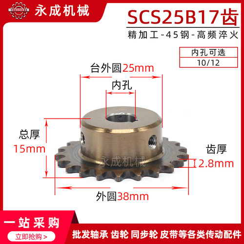 SCS高品质成型孔链轮2分25B17齿 04C17T外径38 精车内孔键槽顶丝
