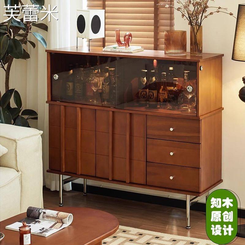 芙蕾米中古实木餐边柜客厅玻璃展示柜复古家用小户型酒柜骨骼线条储物柜床笠拉车