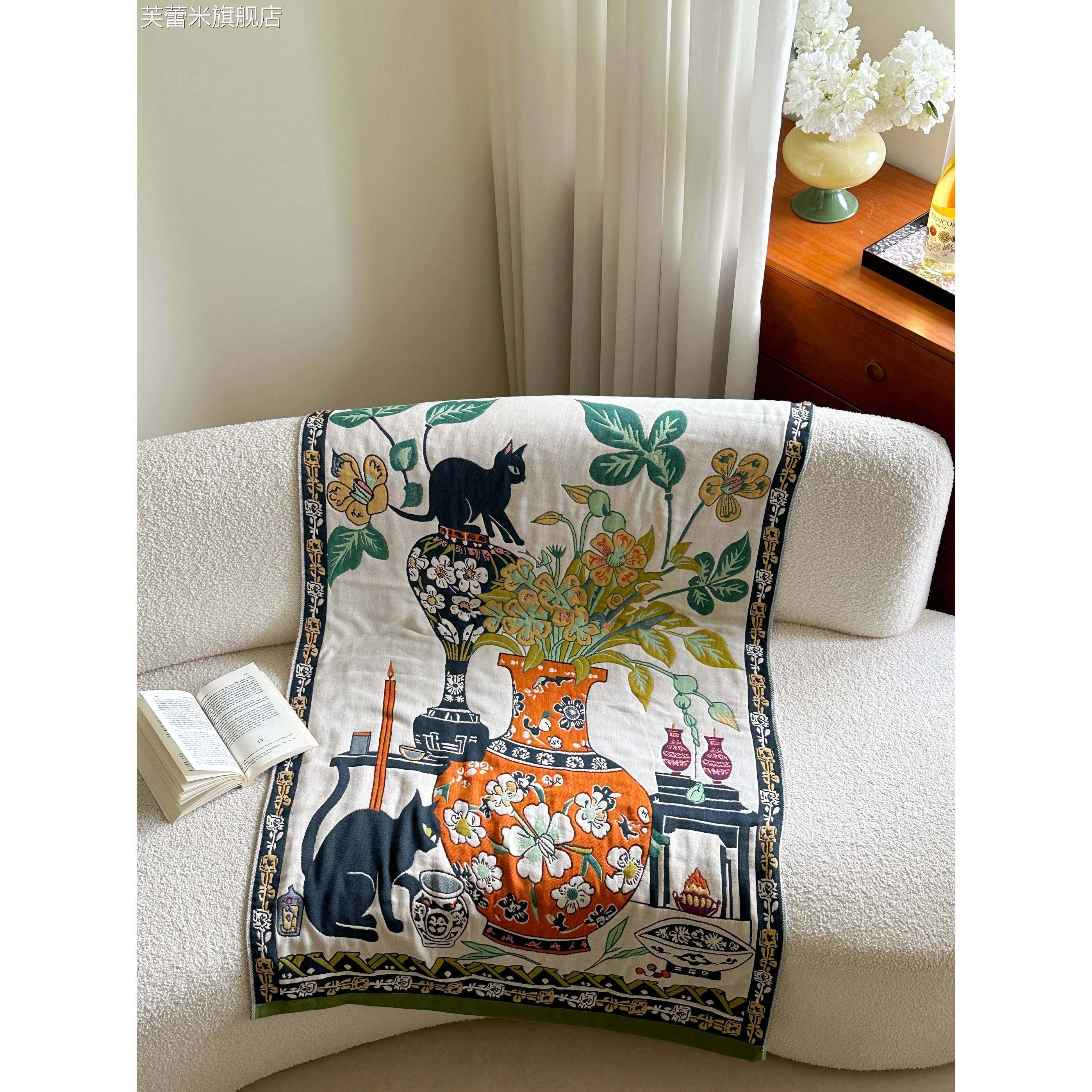 芙蕾米【午后花园】镇店之宝！80*160cm高端轻奢纯棉美式复古猫咪油画风饰品摆件垫垫