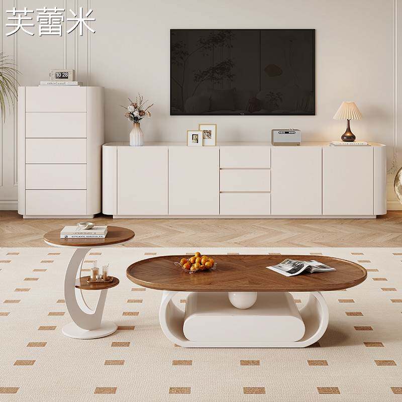 芙蕾米纯实木岩板电视柜茶几组合简约现代小户型家用客厅落地柜60cm高款床笠拉车