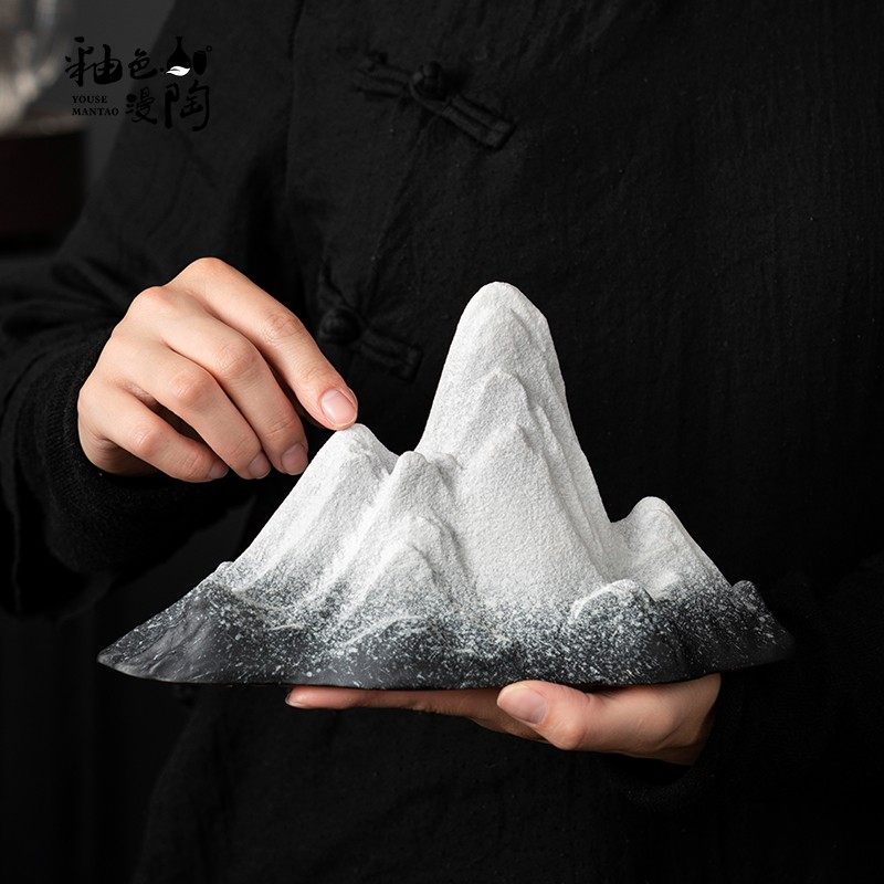 新中式陶瓷假山小摆件室内雪山桌面造景客厅玄关鱼缸装饰品微景观