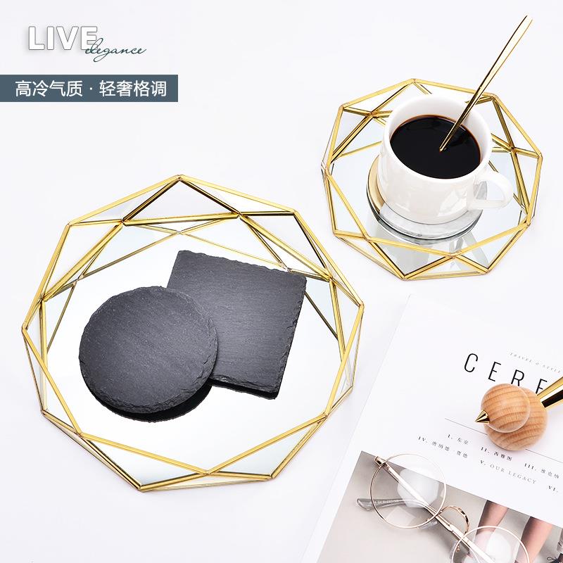 几何圆形玻璃盘首饰化妆品收纳盘桌面整理摆件北欧ins风金色托盘