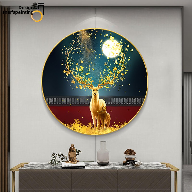 入口玄关画圆形装饰画沙发背景墙壁画客厅吉祥鹿入口门对墙挂画图片