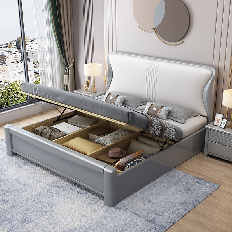 掌上明珠实木中式床真皮软靠床单人双人床气压抽屉高箱储物床婚床