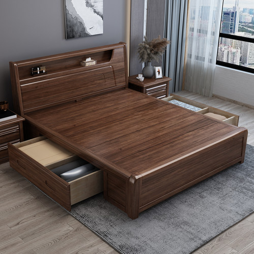 掌上明珠胡桃木实木床1.8米主卧现代简约2米x2.2米双人床中式高箱