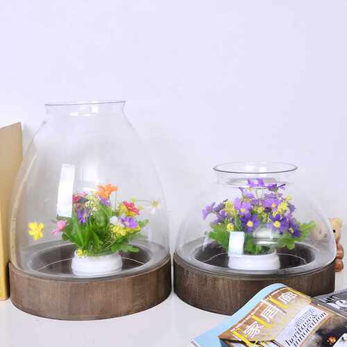 欧式新款透明玻璃花瓶工艺品微景观锥形木头底座花瓶居家装饰摆件