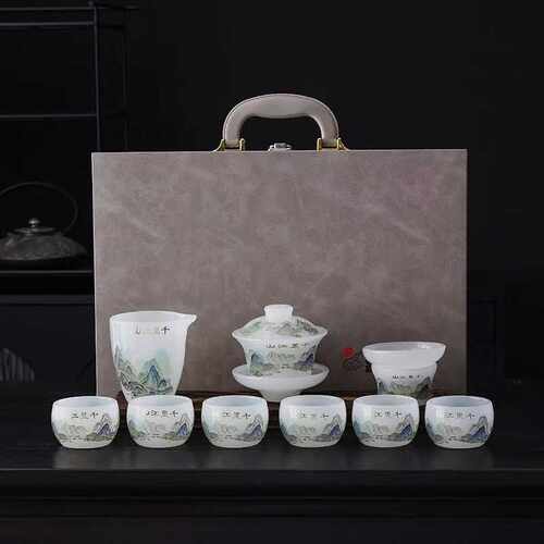 千里江山冰种琉璃功夫茶具套装高档中式泡茶器盖碗茶壶茶杯礼盒装