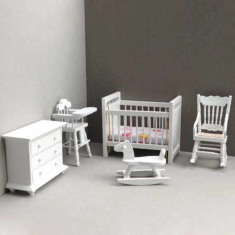 1:12娃娃屋dollhouse迷你家具白色儿童房套装儿童床摇摇马摇椅柜