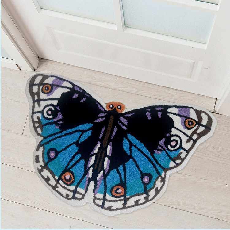 新款蓝色蝴蝶刺绣地毯现代简约时尚地垫家居创意门口脚垫静音全铺