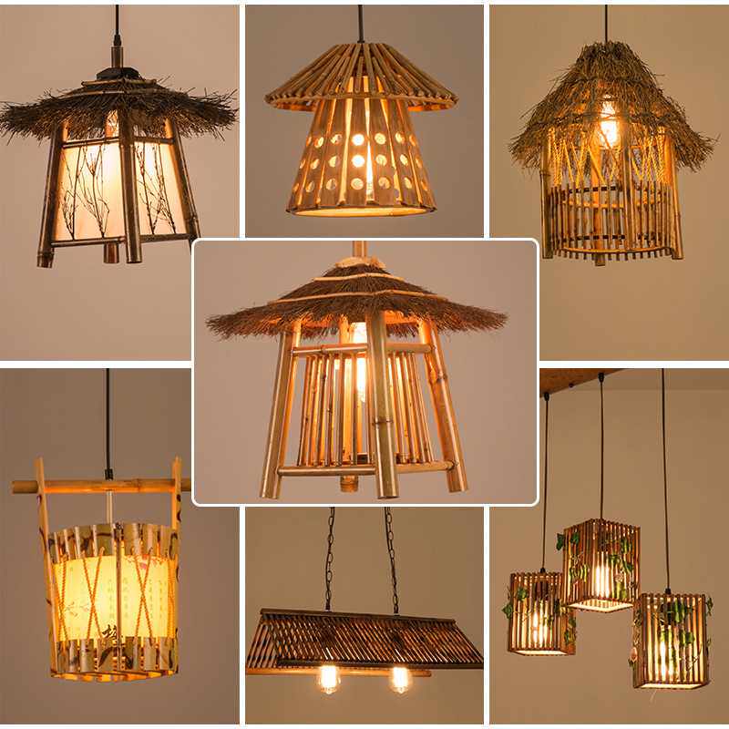 工业风竹艺吊灯农家乐餐厅灯具民宿茶室创意手编竹灯罩房子灯饰