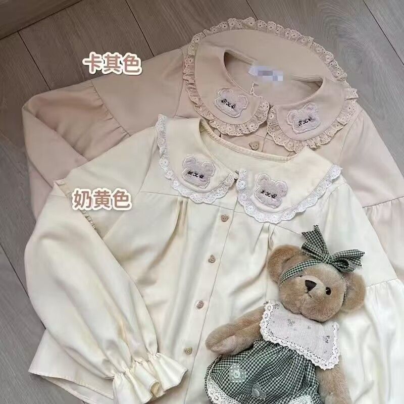 日系软妹小熊饼干lolita内搭娃娃领泡泡袖衬衫女长袖百搭上衣