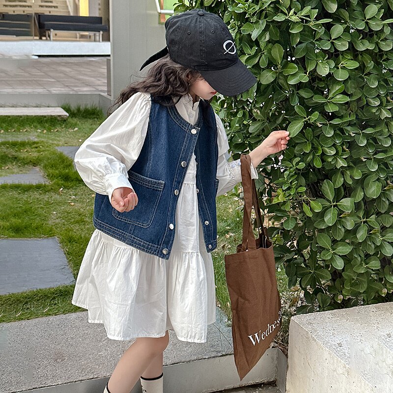 女童春秋款衬衫连衣裙牛仔马甲套装2025新款小女孩洋气春季两件套