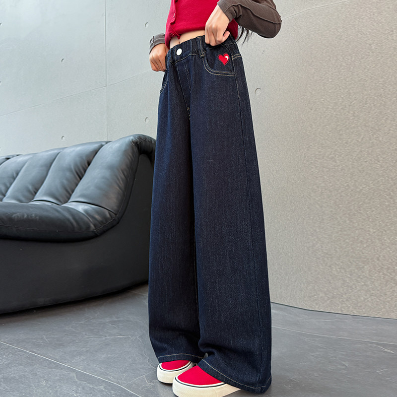 女童牛仔裤春秋女大童直筒裤儿童阔腿长裤女孩初中生加绒净色裤子