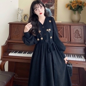 洋气针织拼接灯芯绒长裙女秋冬季 法式 大码 胖mm遮肚显瘦刺绣连衣裙