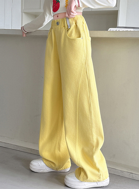 女童直筒牛仔裤秋装大童宽松黄色阔腿裤洋气女孩秋季百搭长裤子薄