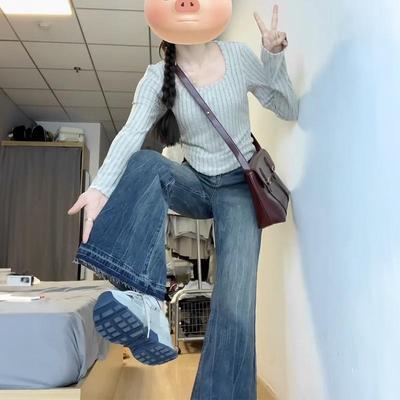 微喇毛边牛仔裤女春秋2024年新款女胖mm大码高腰宽松加绒阔腿裤子