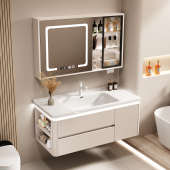 现代奶油风实木浴室柜陶瓷一体盆浴室柜组合洗手台洗手盆洗脸盆