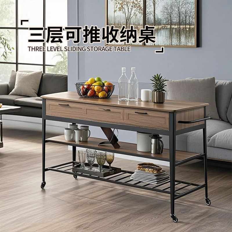 餐厅吧台推车带抽屉多功能三层储物收纳架可移动岛台储物收纳架