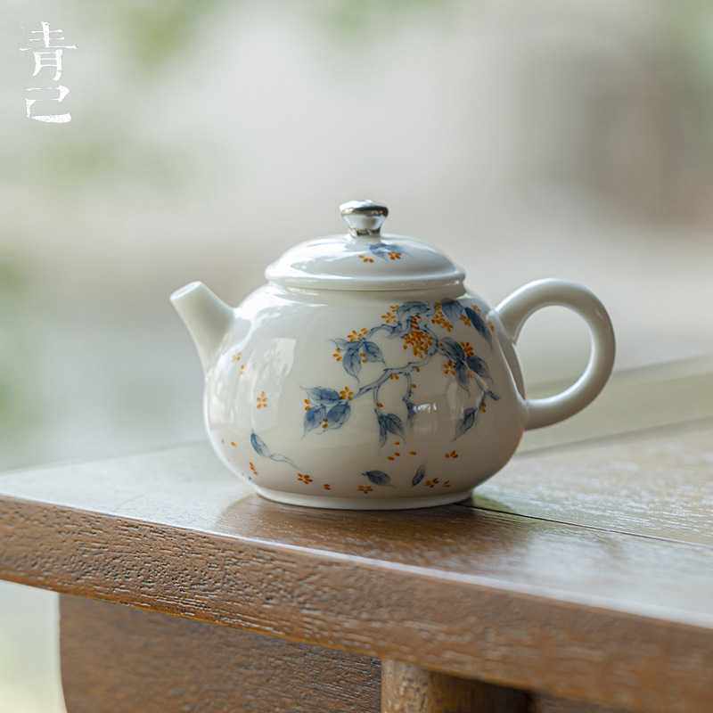 青己手绘青花桂花泡茶壶功夫茶具陶瓷釉下彩桂香点金球孔过滤执壶