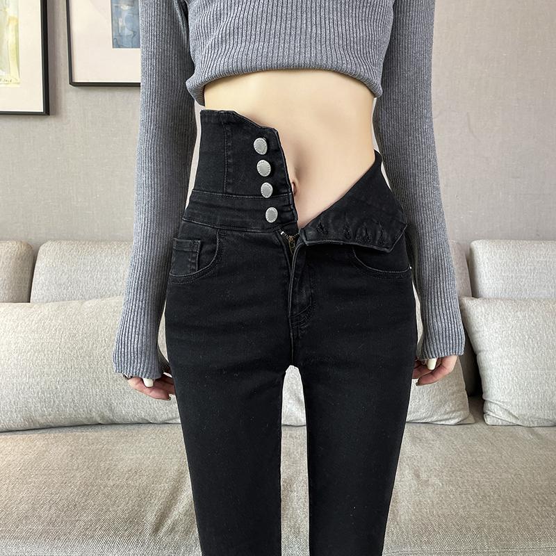 黑色超高腰牛仔裤女春秋新款排扣修身紧身女士显瘦铅笔小黑裤子