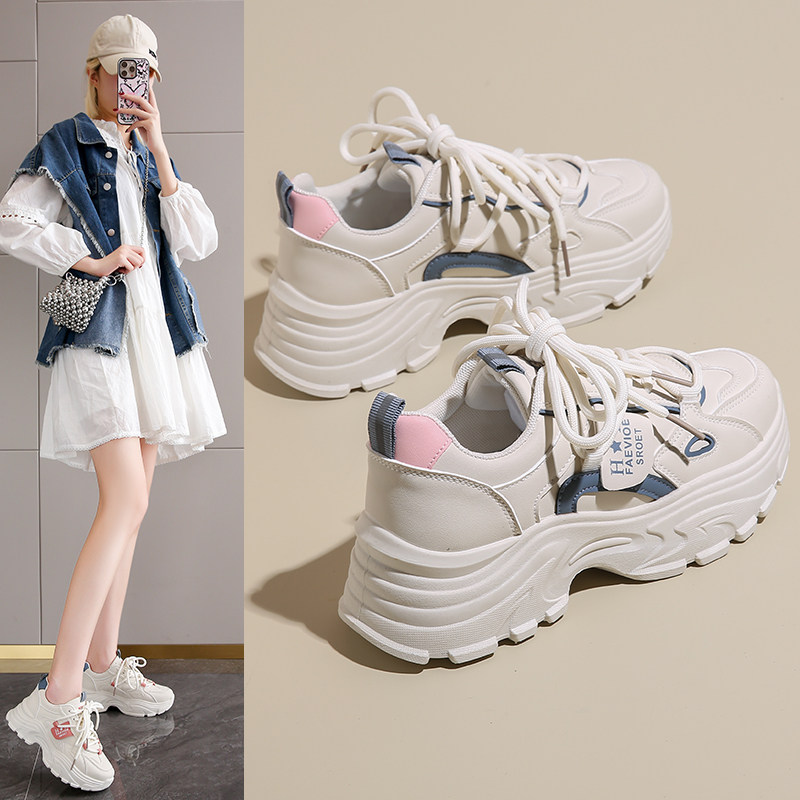 老爹鞋女款2025新款夏季跑步减震轻便厚底增高休闲 百搭白色运动