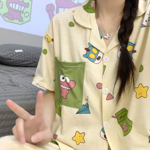 ins日系卡通睡衣女夏季 纯棉短袖 薄款 蜡笔小新鳄鱼先生家居服夏款