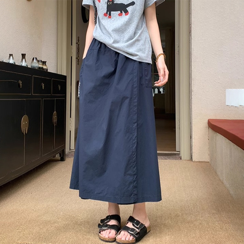 藏青色工装双层半身裙女2025夏季薄款大码松紧高腰阔腿休闲裙裤子