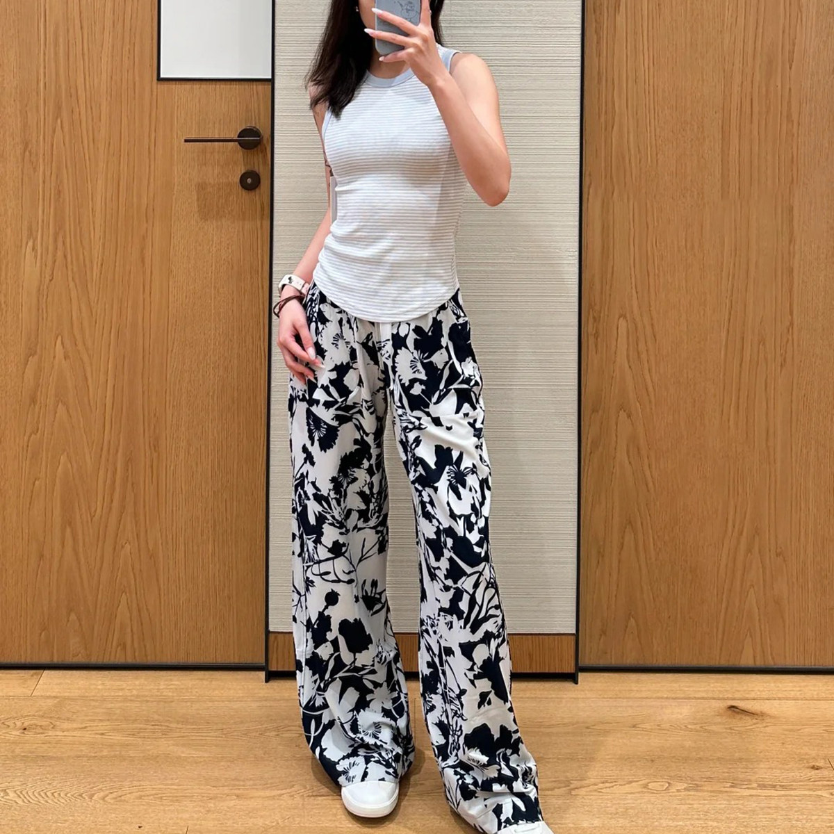 夏季新款高腰阔腿裤女梭织裤宽松透气花色休闲运动长裤