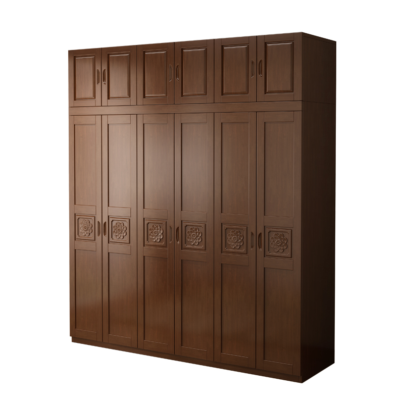 现代简约中式实i木衣柜六门整体大衣橱雕花加顶柜加边柜超大衣柜