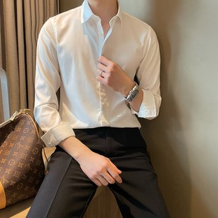 学院风男士 青e年免熨烫方领白衬衣时尚 商务休闲纯色内搭 扣式 韩版