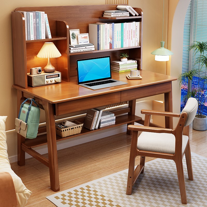 实木多功能带书架组合简约儿童学习桌家用中小学生写字桌卧室书桌