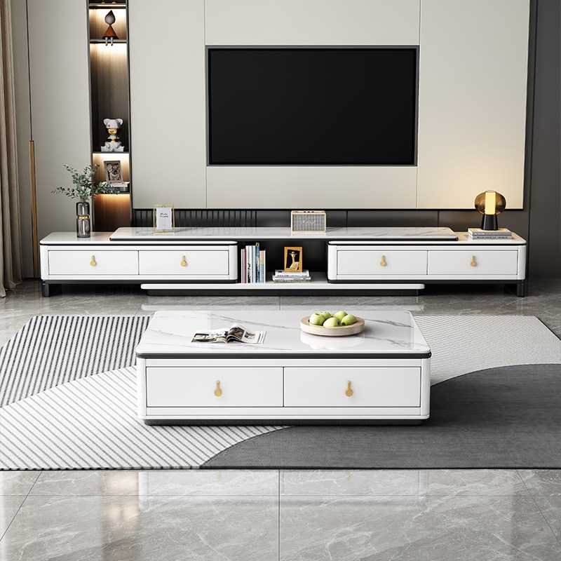 轻奢岩板茶几电视柜组合简约现代小户型家用储物柜客厅伸缩落地柜