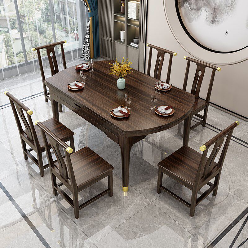 新中式实木家用伸缩餐桌小户型圆形乌金色饭厅吃饭桌子8人圆餐桌
