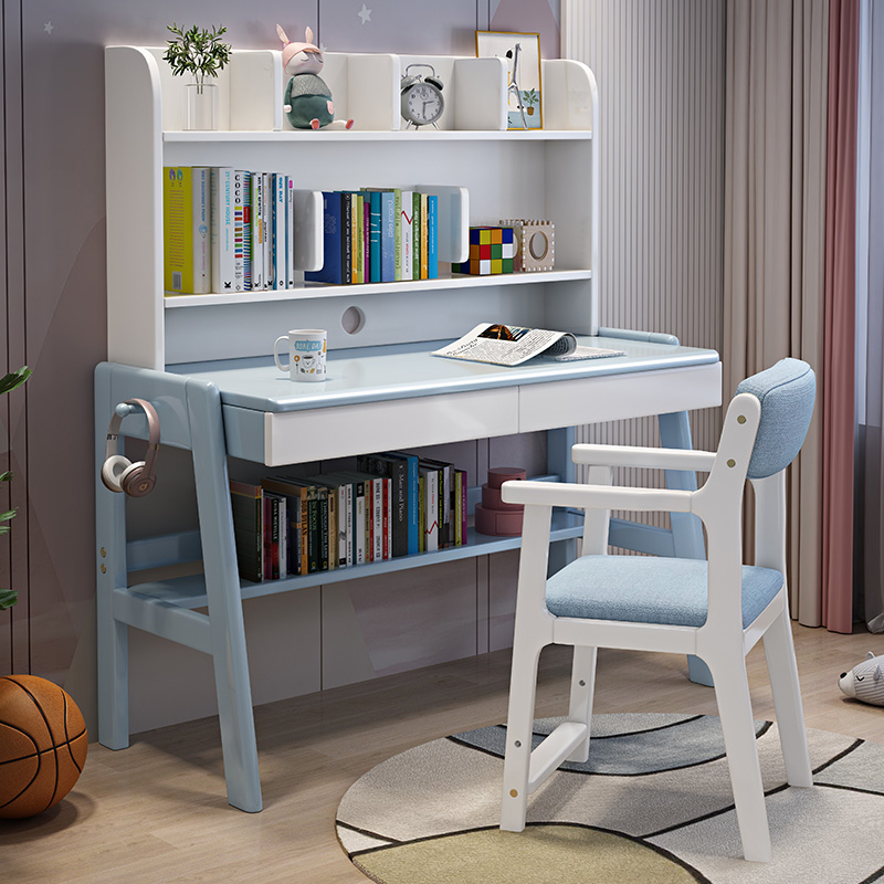 实木儿童学习桌椅简约家用卧室男孩女孩中小学生书桌书架写字桌子