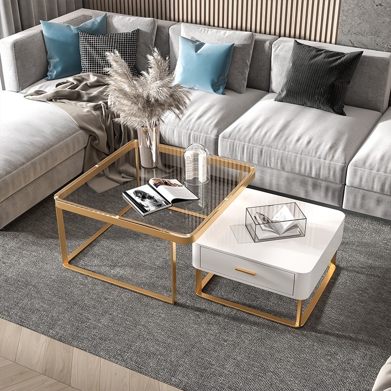 北欧轻奢玻璃岩板茶几小户型客厅现代简约设计师方形子母茶几组合