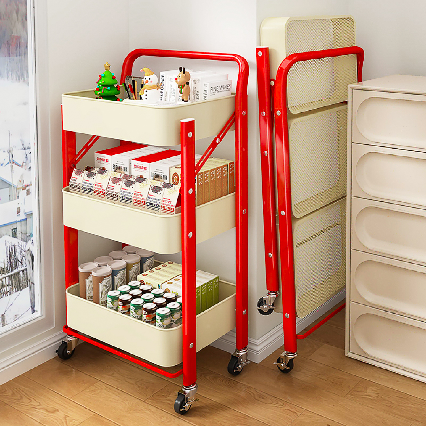 多巴胺可折叠小推车移动零食置物架厨房卧室玩具落地手推收纳架子