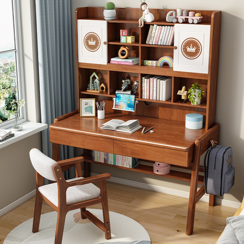 实木书桌书架一体写字桌简约家用男生学习桌可升降初中学生写字台